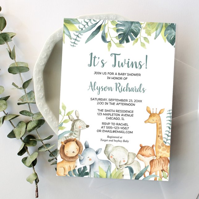 Invitation Baby shower jumeaux animaux safari neutres de genr (Créateur téléchargé)