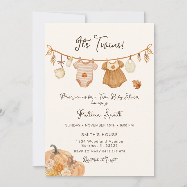 Invitation Baby shower Jumeaux Citrouille Clothsline (Devant)