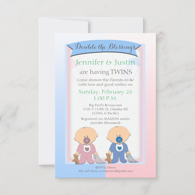 Invitation Baby shower jumeaux Couvertures bleu et rose (Jen) (Devant)