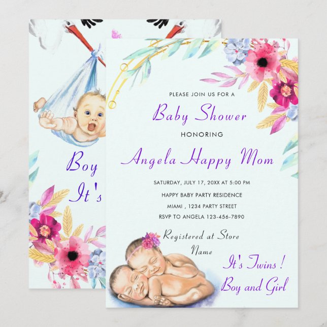 Invitation Baby shower jumeaux garçon et fille (Devant / Derrière)