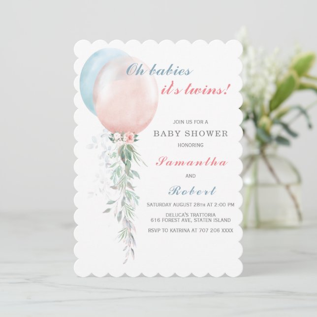 Invitation Baby shower jumeaux garçon et fille (Debout devant)