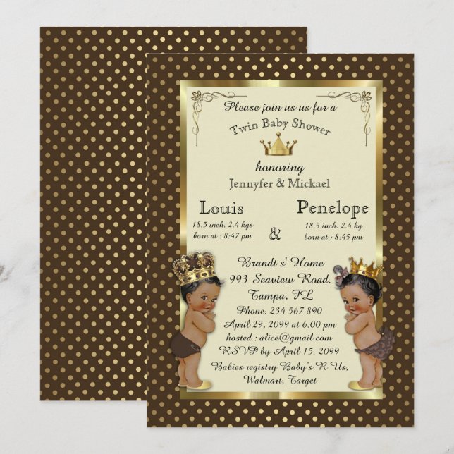 Invitation Baby shower jumeaux, marron, très tendance (Devant / Derrière)