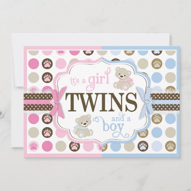Invitation Baby shower jumeaux Nounours bleu et rose (Devant)