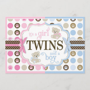 Invitation Baby shower jumeaux Nounours bleu et rose