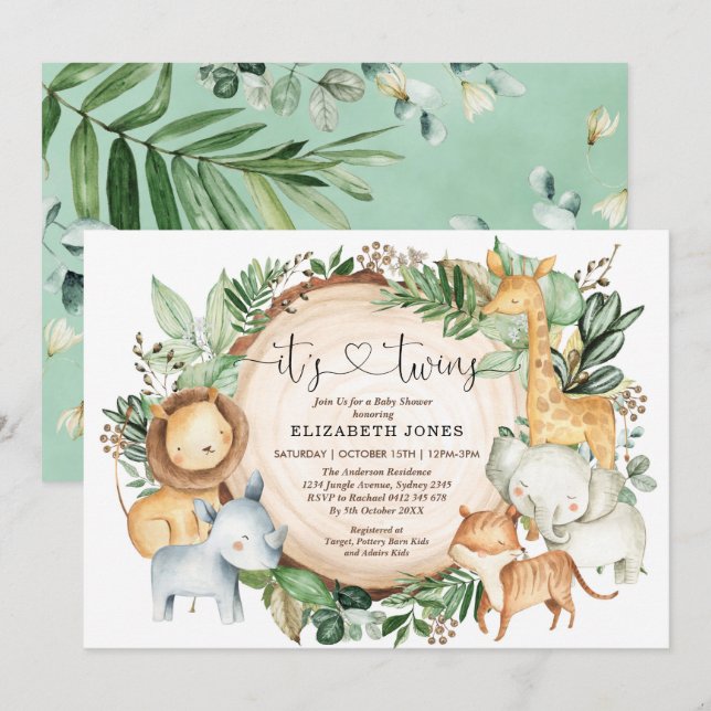 Invitation Baby shower Jumeaux Safari Jungle de verdure en Ru (Devant / Derrière)