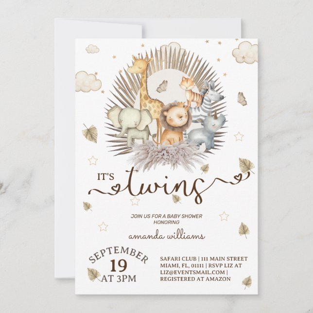 Invitation Baby shower Jungle Safari Animal Twins (Devant)