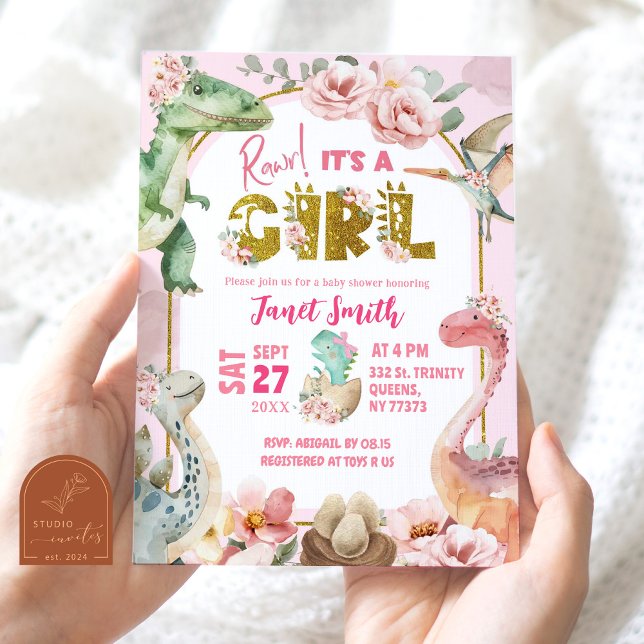 Invitation Baby shower Jurassique Rose Dinosaur (Créateur téléchargé)