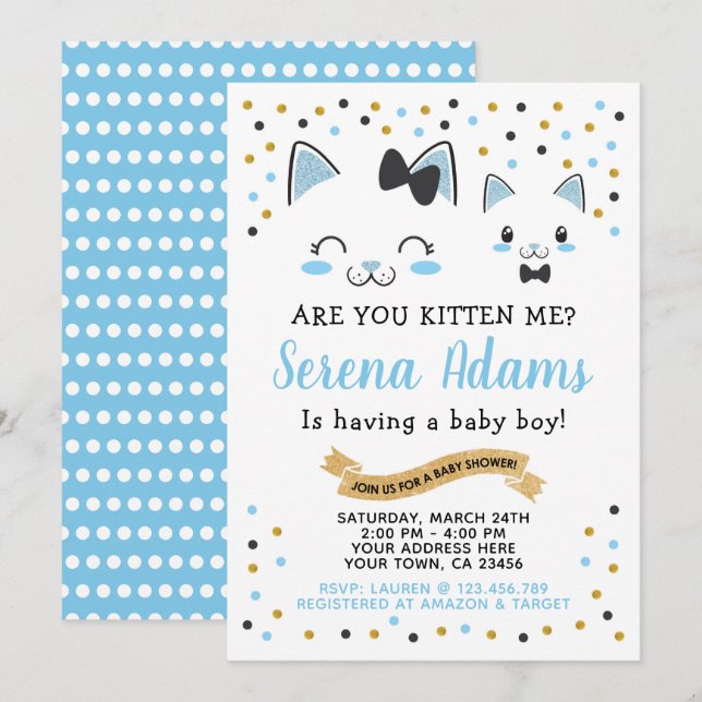 Invitation Baby shower Kitty Cat Boys (Devant / Derrière)