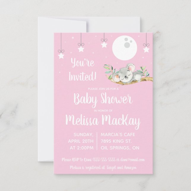 Invitation Baby shower Koala couché rose (Devant)