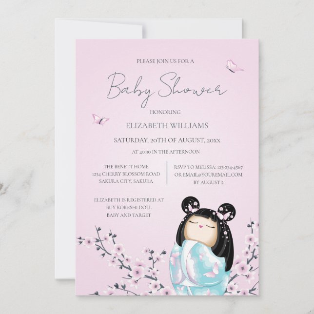 Invitation Baby shower Kokeshi Doll Cherry Blossoms (Devant)