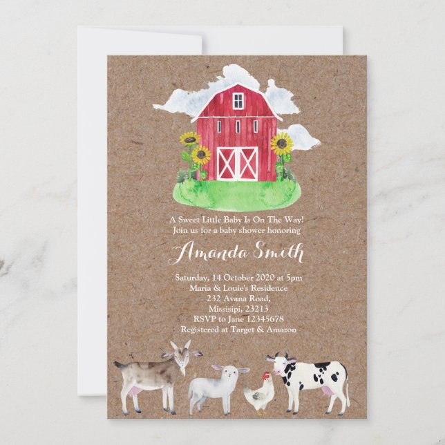 Invitation BABY SHOWER kraft d'aquarelle des ANIMAUX AGRICOLE (Devant)