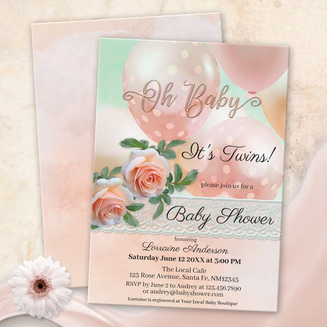 Invitation Baby shower Lace Twins Peach Balloons (Créateur téléchargé)
