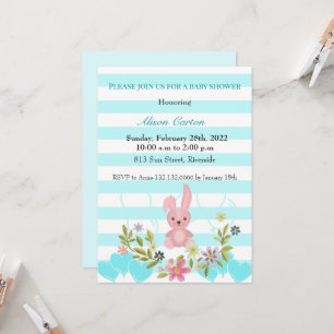 Invitation Baby shower Lapin blanc et bleu bandes turquoises