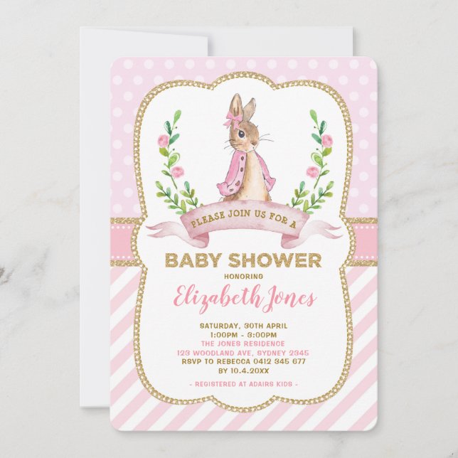 Invitation Baby shower lapin de lapin rose or rose (Devant)