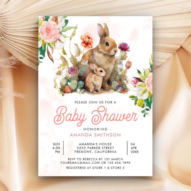 Invitation Baby shower lapin floral maman et bébé (Créateur téléchargé)
