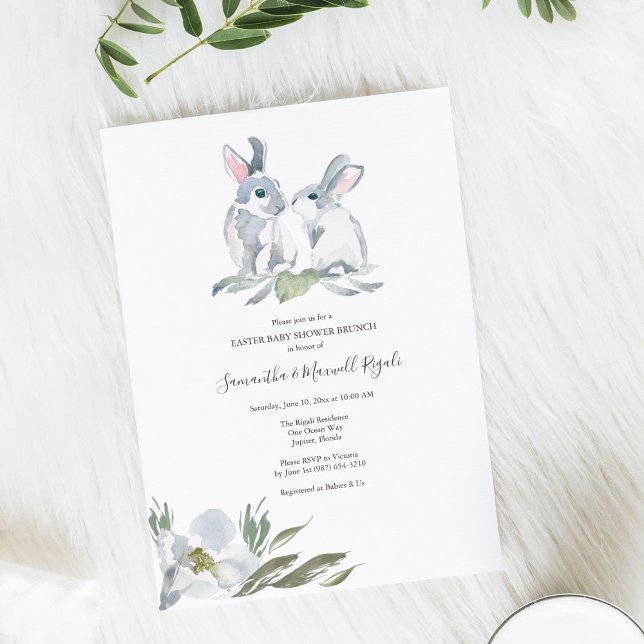 Invitation Baby shower lapin neutre pour les femmes (Gender neutral baby shower invitations nature theme watercolor bunny rabbits with florals.)