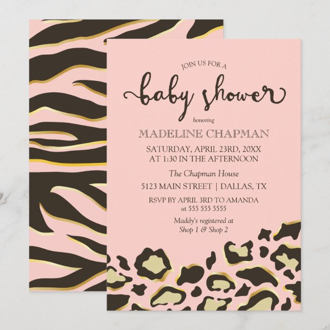 Invitation Baby shower Leopard Spots & Tiger Stripes (Devant / Derrière)
