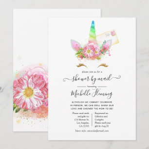 Invitation Baby Shower Licorne Arc-en-Ciel Floral Rose par co