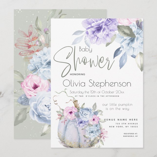 Invitation Baby shower Lilac Blue Citrouille Peony Floral Inv (Devant / Derrière)
