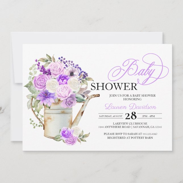 Invitation Baby shower Lilac Purple Spring Poted Flowers (Devant)