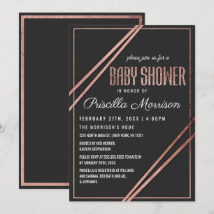 Invitation Baby shower linéaire moderne Black Rose Gold Chic