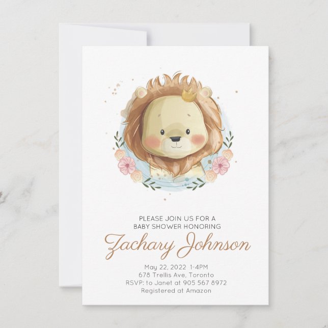 Invitation Baby shower Lion Aquarelle Cute (Devant)