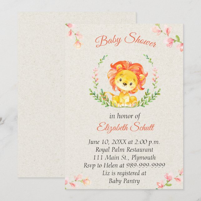 Invitation Baby shower Lion bébé (Devant / Derrière)