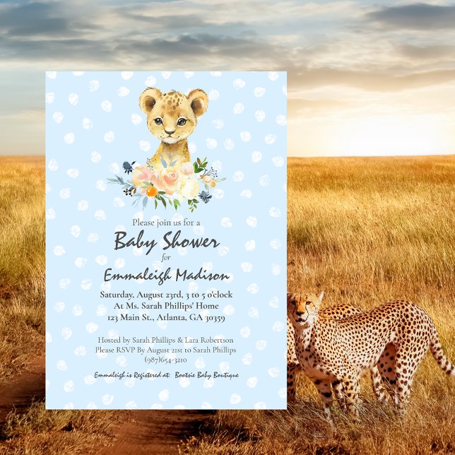 Invitation Baby shower Lion Cub Floral Bleu (Créateur téléchargé)
