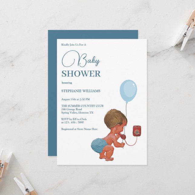 Invitation baby shower "Little Boy Calling" (Devant/Arrière en situation)
