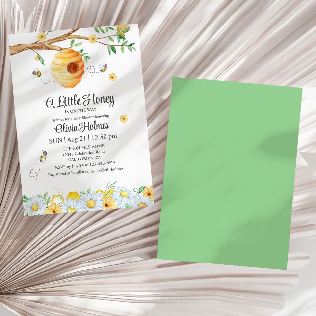 Invitation Baby shower "Little Honey Bee" ("Little Honey Bee" Baby Shower Invitation on a sunny white dry palm leaf.)