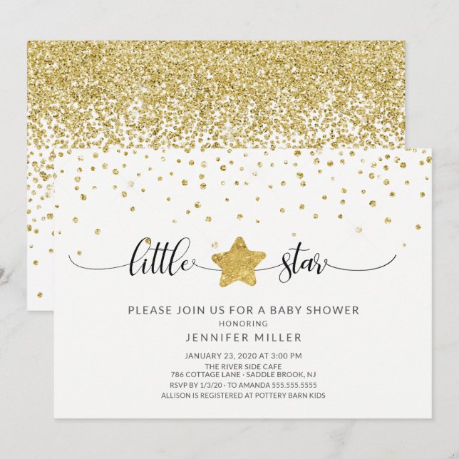 Invitation Baby shower Little Star Gold Parties scintillant (Devant / Derrière)