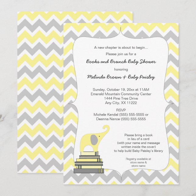 Invitation Baby shower, livres et brunch du livre des éléphan (Devant / Derrière)