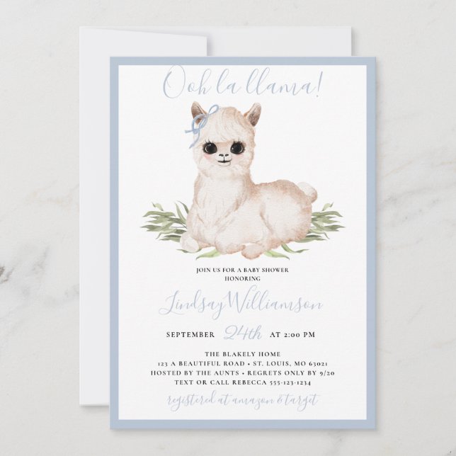 Invitation Baby shower Llama Bleu (Devant)