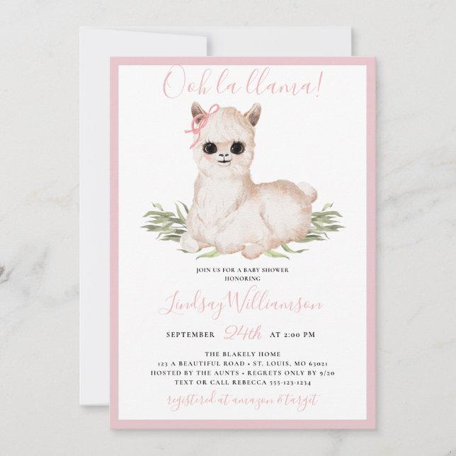 Invitation Baby shower Llama rose (Devant)