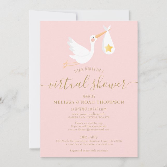 Invitation Baby shower longue distance virtuel en ligne rose (Devant)