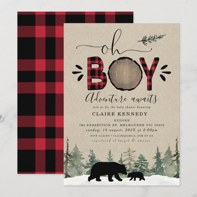 Invitation Baby shower Lumberjack Oh Boy Flannel (Devant / Derrière)
