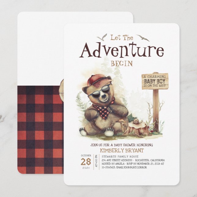 Invitation Baby shower Lumberjack Woodland Little Bear Cub (Devant / Derrière)