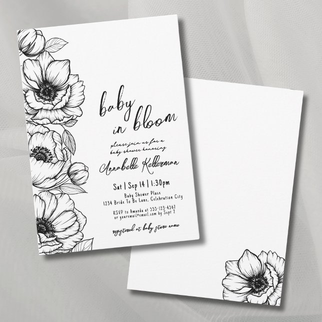 Invitation Baby shower lunaire à main florale tiré (Floral Hand Drawn Whimsical Baby Shower Invitation)