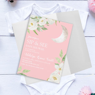 Invitation Baby Shower Lune Blanc Floral Rose Sip See