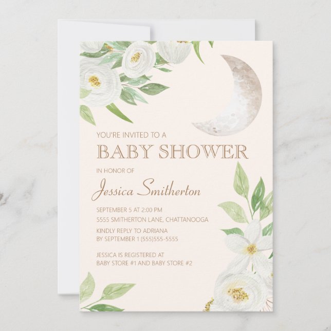 Invitation Baby shower Lune Blanc Floral Vert Feuilles (Devant)