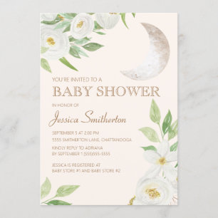 Invitation Baby Shower Lune Blanche Florale Feuilles Vertes
