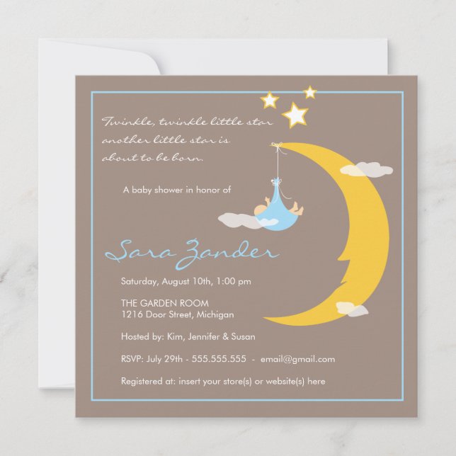 Invitation baby shower Lune et étoiles (Devant)