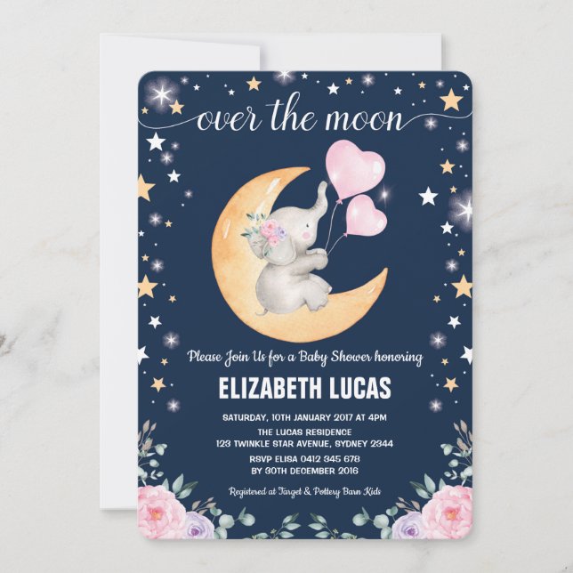 Invitation Baby shower Lune / Girly Elephant Twinkle Star (Devant)