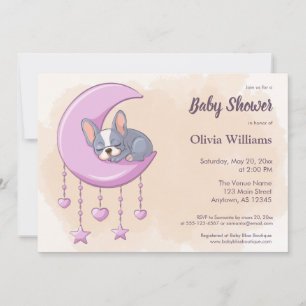 Invitation Baby shower lune rose chienne français mignon