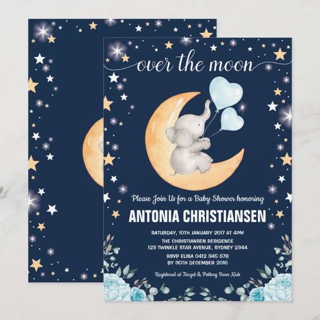 Invitation Baby shower Lune / Twinkle Star Elephant Baby Boy (Devant / Derrière)