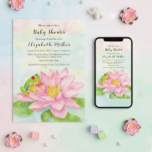 Invitation Baby Shower Lys Nénuphar Rose & Grenouille
