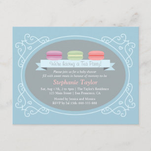 Invitation Baby Shower Macarons Thème Fête à Thé, Bleu et Gri