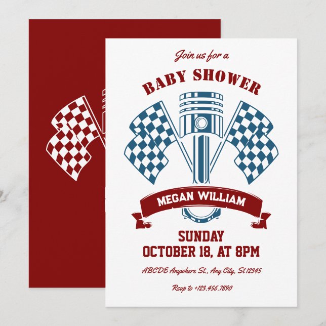 Invitation Baby shower machine de course de moto rétro (Devant / Derrière)