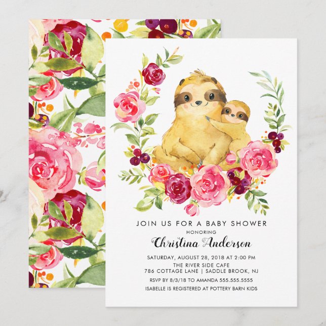 Invitation Baby shower Maman & Baby Sloth (Devant / Derrière)