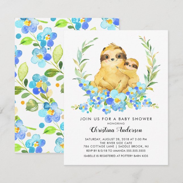 Invitation Baby shower Maman & Baby Sloth (Devant / Derrière)